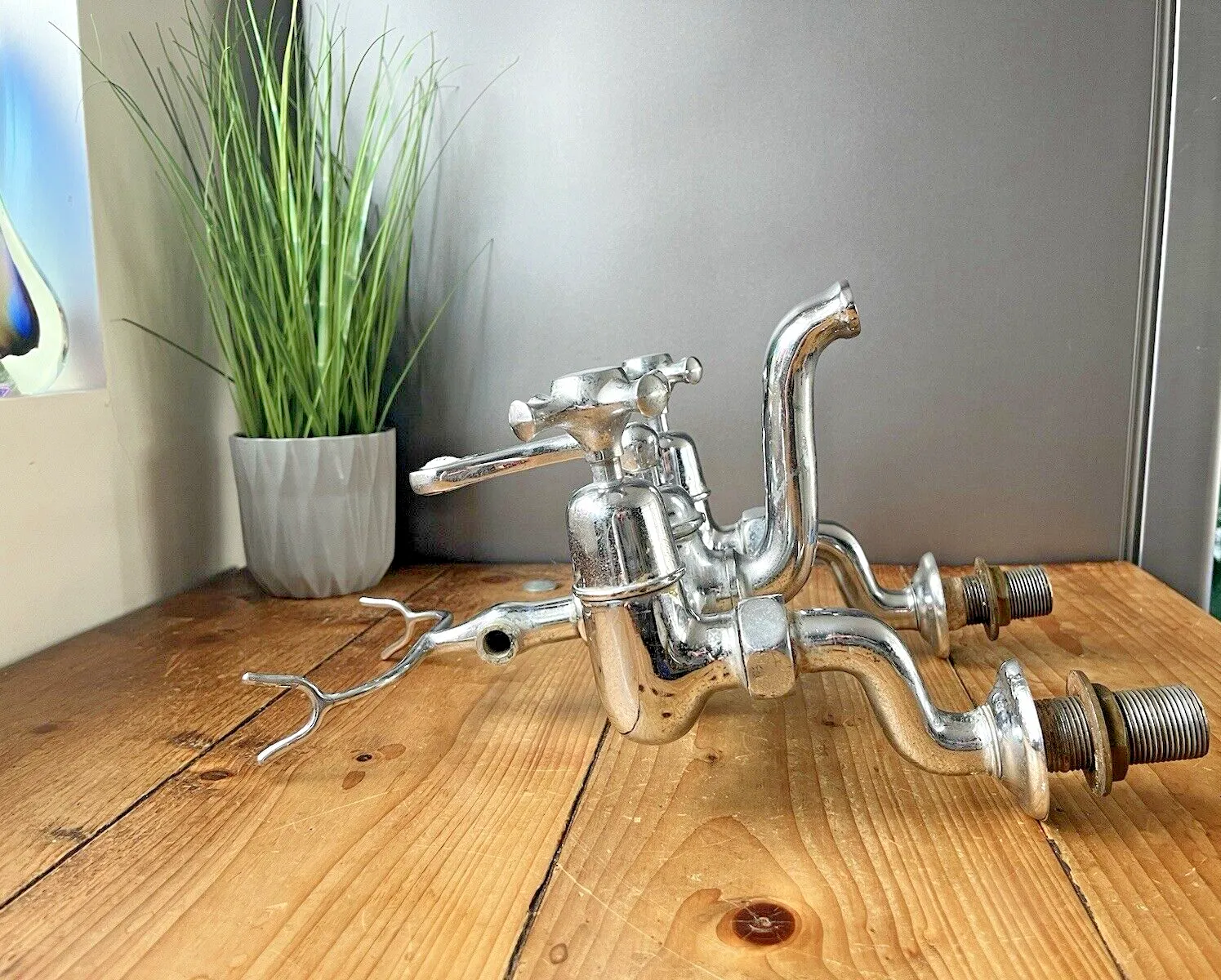 Rare Antique Belco Bath Shower Arm Hot & Cold Twin Mixer Dual Cross Handle Taps photo vintage