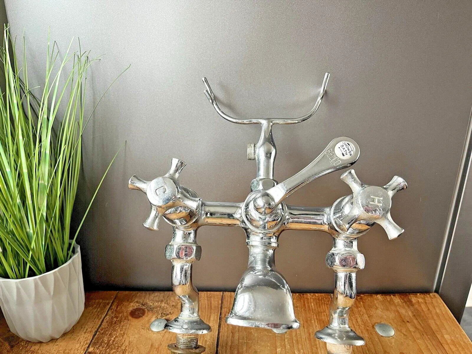 photo for sale Rare Antique Belco Bath Shower Arm Hot & Cold Twin Mixer Dual Cross Handle Taps