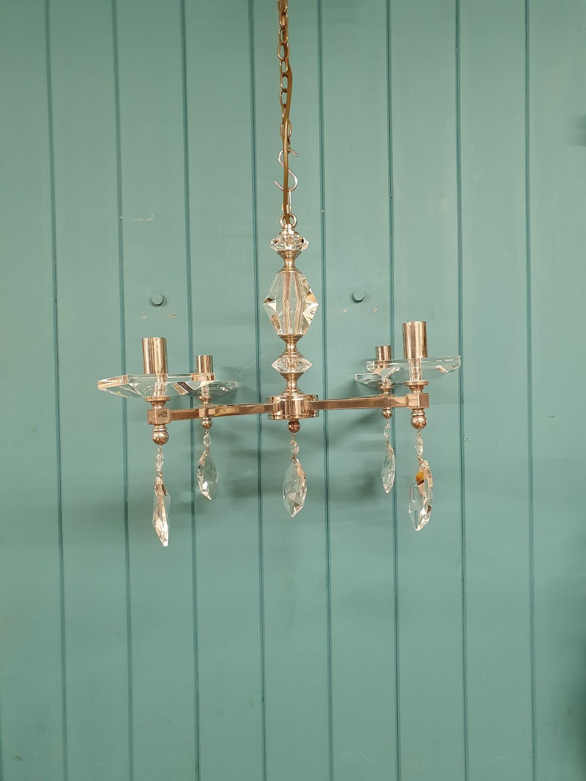 Mid 20th Century Chrome And Cut Glass Chandelier 21"