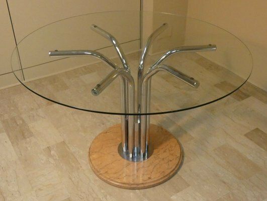 Chromed Steel Dining Table With Marble Base And Tempered Glass Top Attributed To Giotto Stoppino, Italy, 1970s