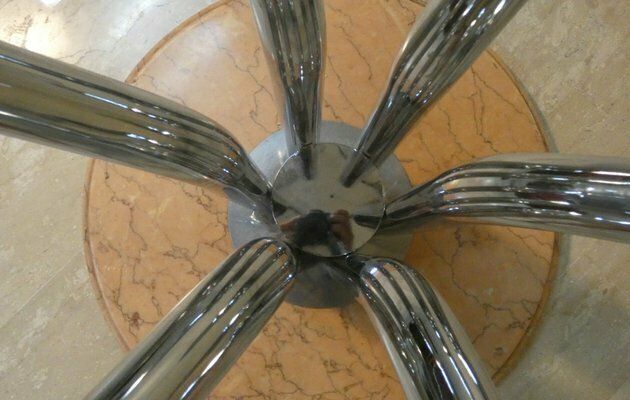 Chromed Steel Dining Table With Marble Base And Tempered Glass Top Attributed To Giotto Stoppino, Italy, 1970s photo vinterior