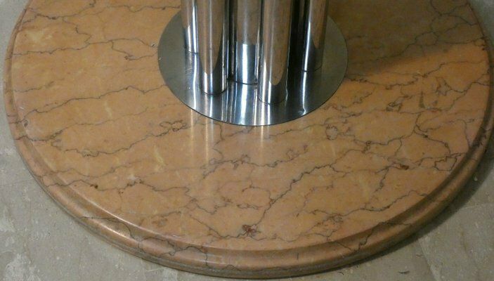 photo furniture Chromed Steel Dining Table With Marble Base And Tempered Glass Top Attributed To Giotto Stoppino, Italy, 1970s