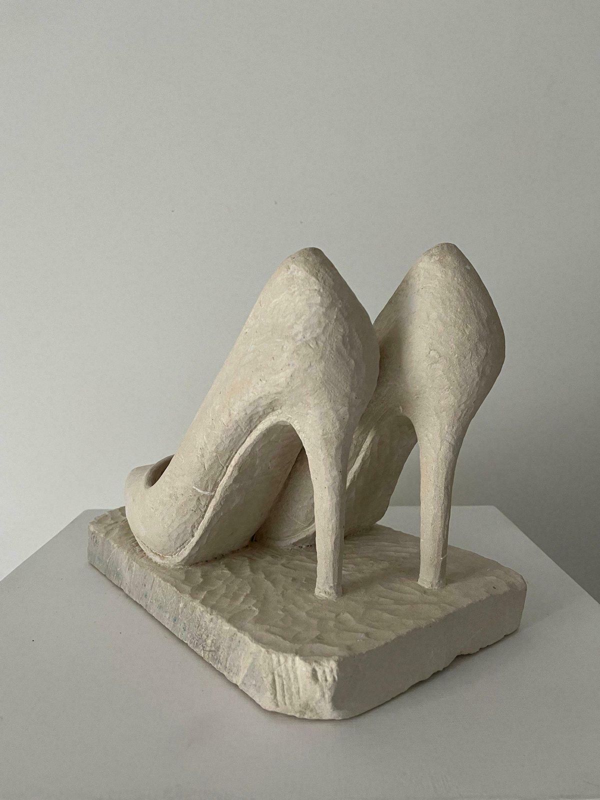 Stone Sculpture Of Stiletto Heel Shoes, Hand Carved Solid Limestone, Dressing Room Accessory Or Doorstop photo Art