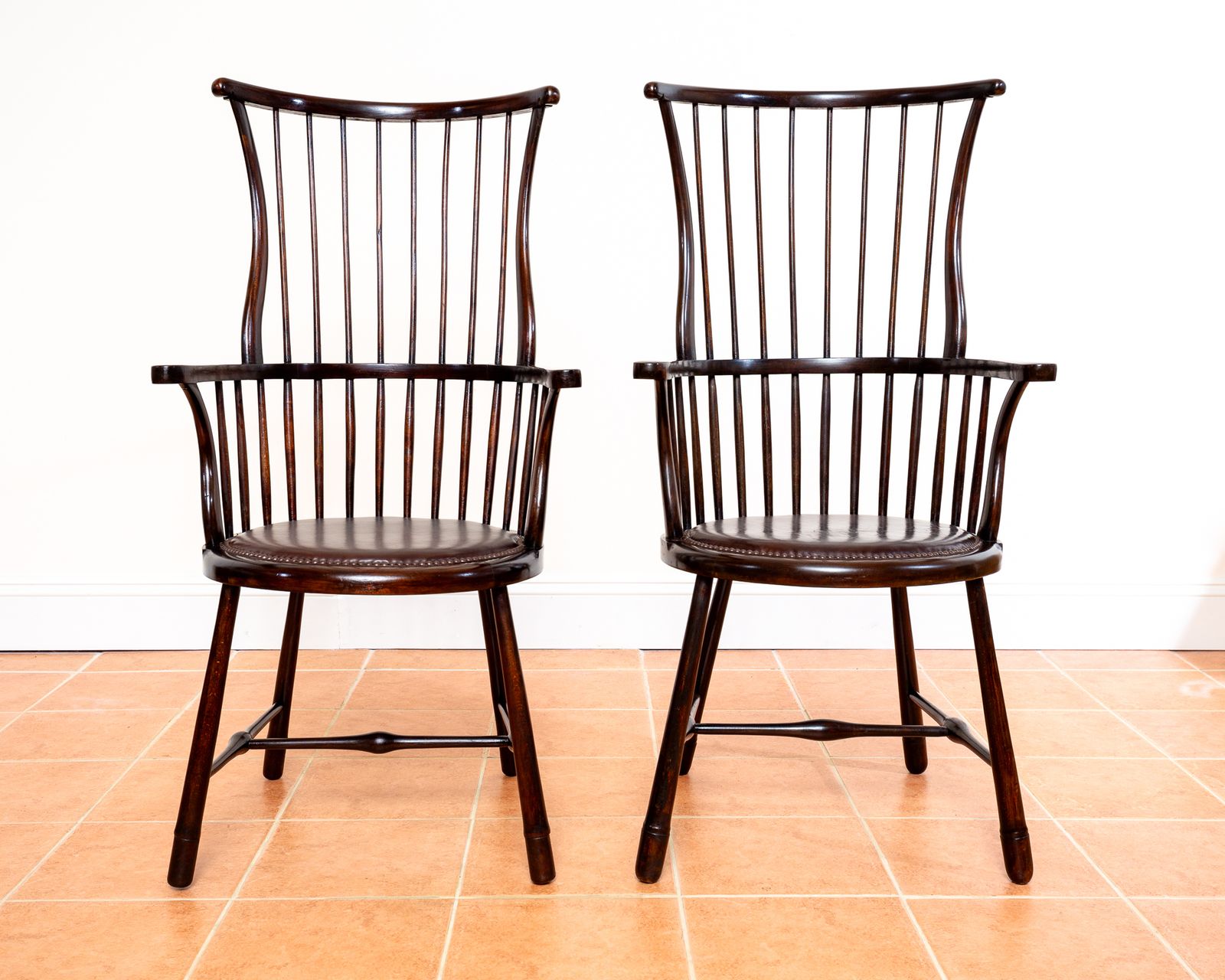 Pair Of Liberty Windsor Chairs Arts And Crafts Shawl Back Fan Back A.Ntique Art Nouveau Aesthetic Movement 1900s Leather Armchairs Country House photo furniture