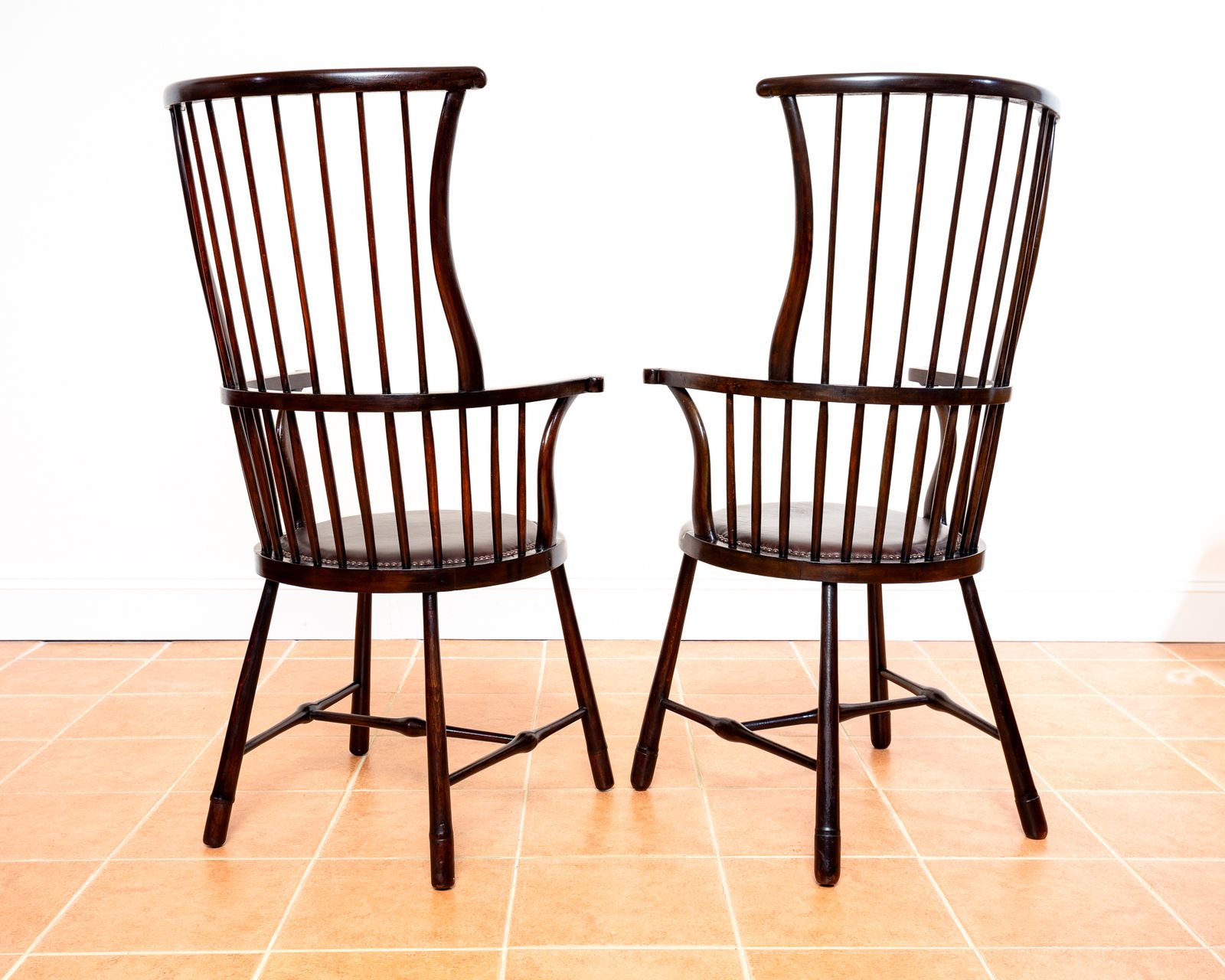 Pair Of Liberty Windsor Chairs Arts And Crafts Shawl Back Fan Back A.Ntique Art Nouveau Aesthetic Movement 1900s Leather Armchairs Country House photo buy