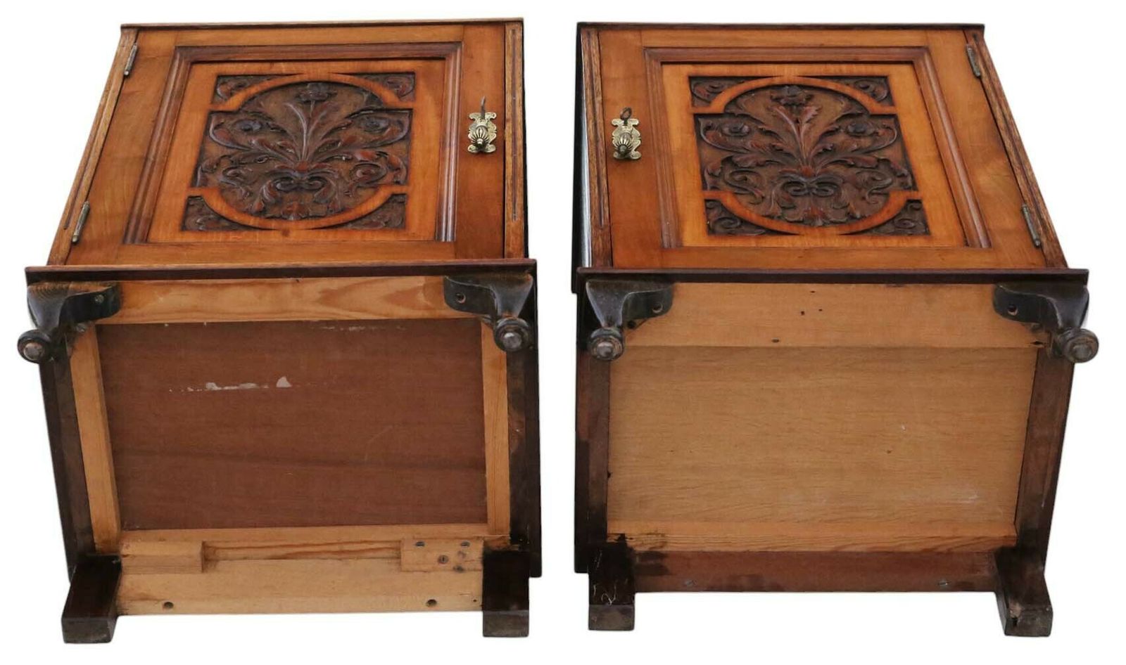 photo furniture Pair Of Antique Carved Walnut Bedside Tables – Quality Vintage Cupboards Drawers