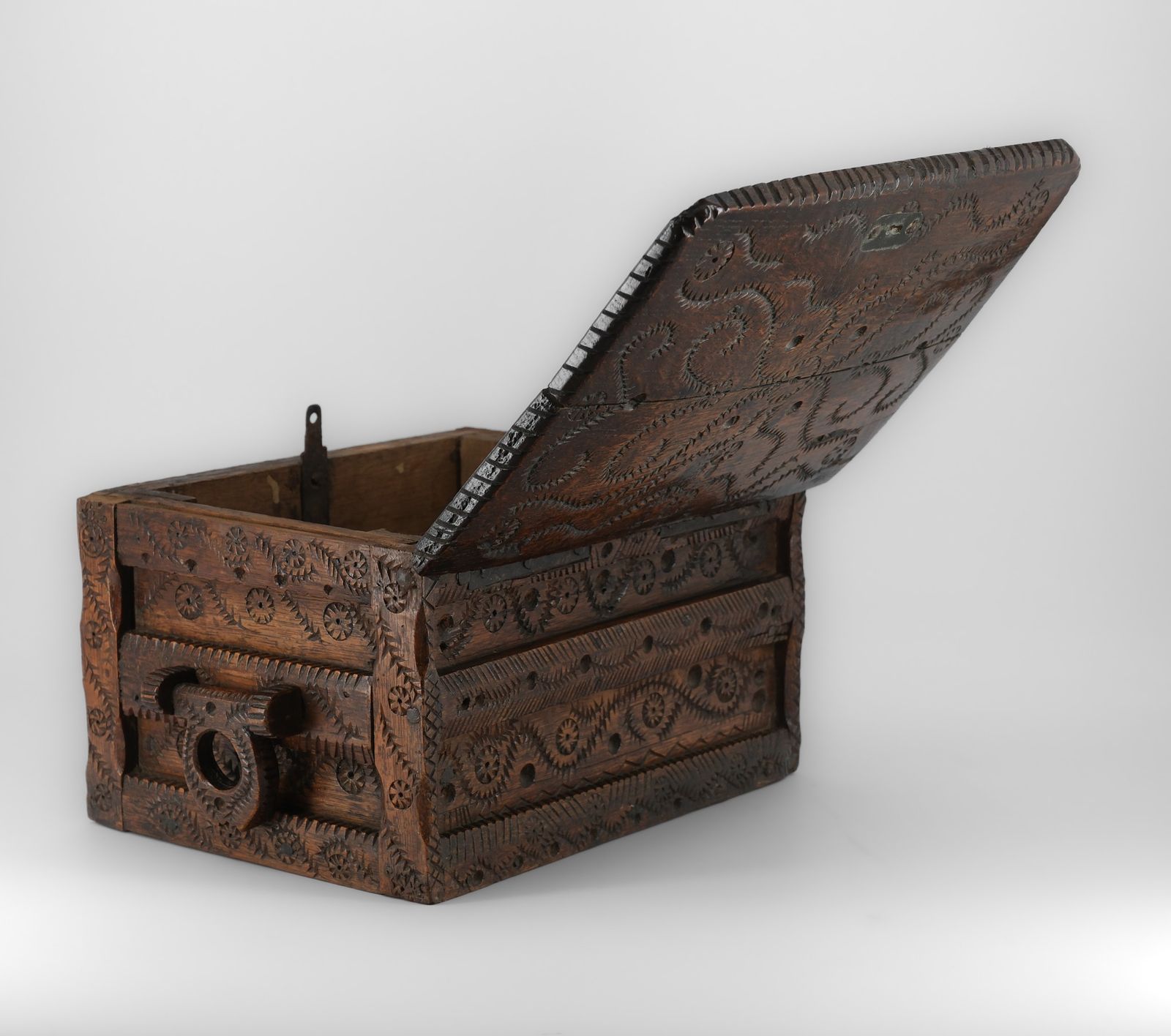 photo for sale 19th Century Scandinavian Folk Art Carved Oak Table Top Chest
