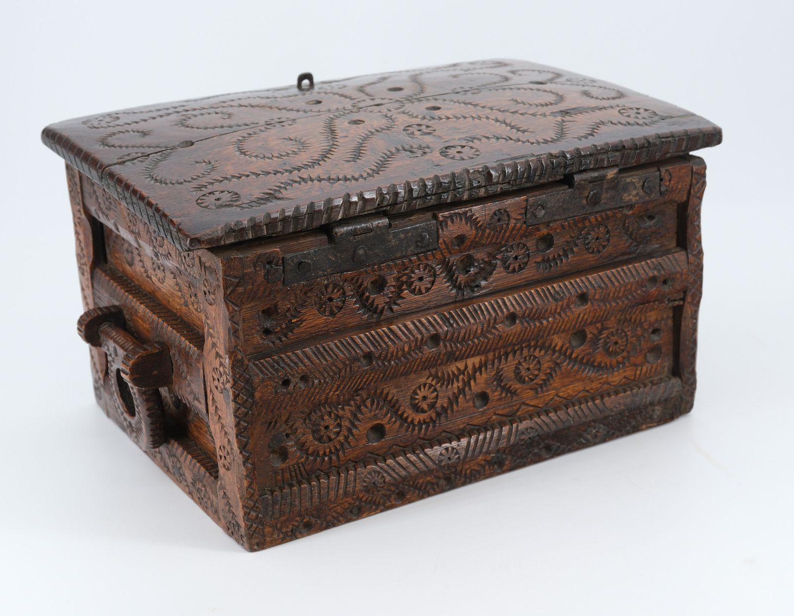 19th Century Scandinavian Folk Art Carved Oak Table Top Chest photo Home Decor