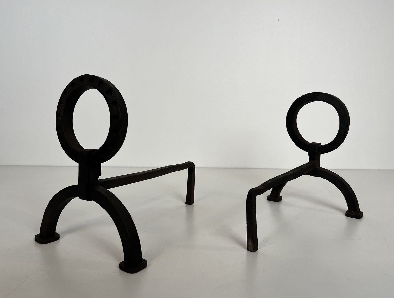 photo for sale Pair Of Modernist Wrought Iron Andirons In The Style Of Jacques Adnet