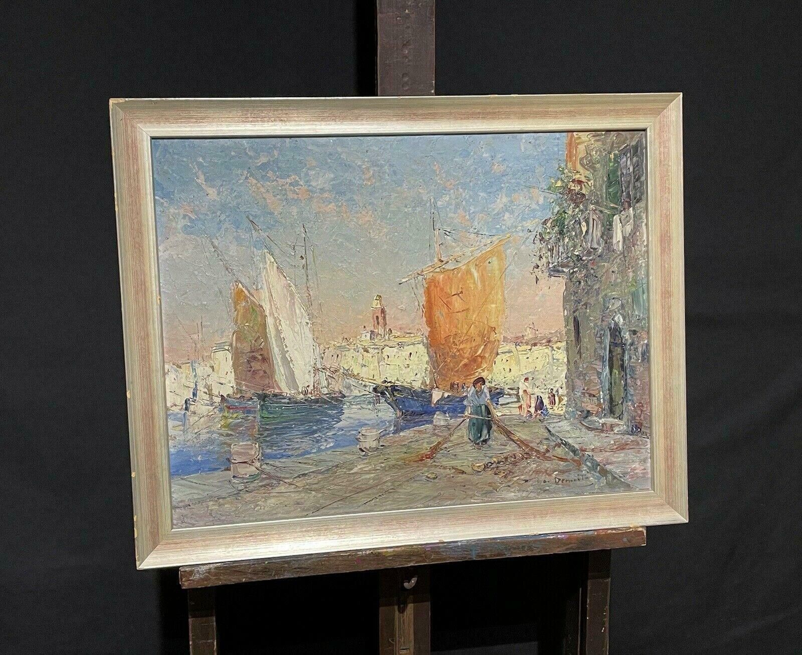 Unknownmid 20th Century French Post Impressionist Oil   St. Tropez Harbour Old Townmid Century photo for sale