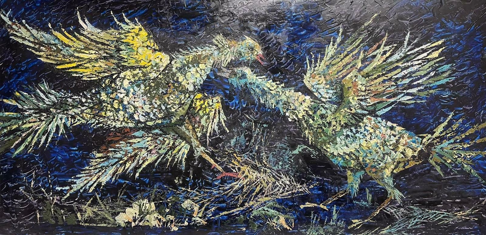 French School1960's Huge Modernist Oil Painting The Cock Fight 1960's