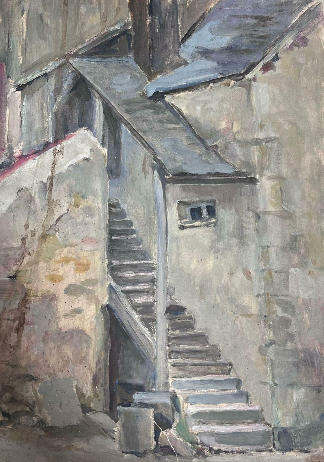 Louise Alix1930's French Impressionist Grey Stone Stair Way Gouache Painting 1930's photo Art