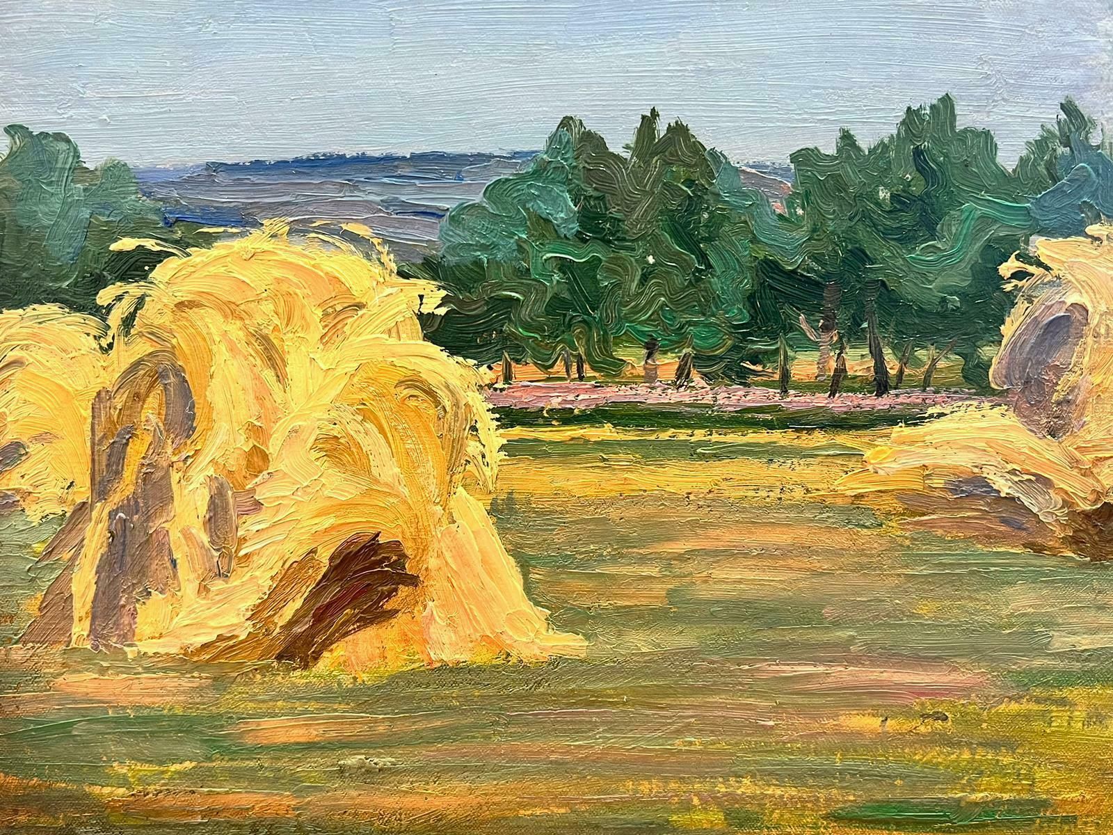 Suzanne Crochet1930's French Post Impressionist Oil Painting Harvest Fields Wheat Corn Stacksc. 1930's photo furniture