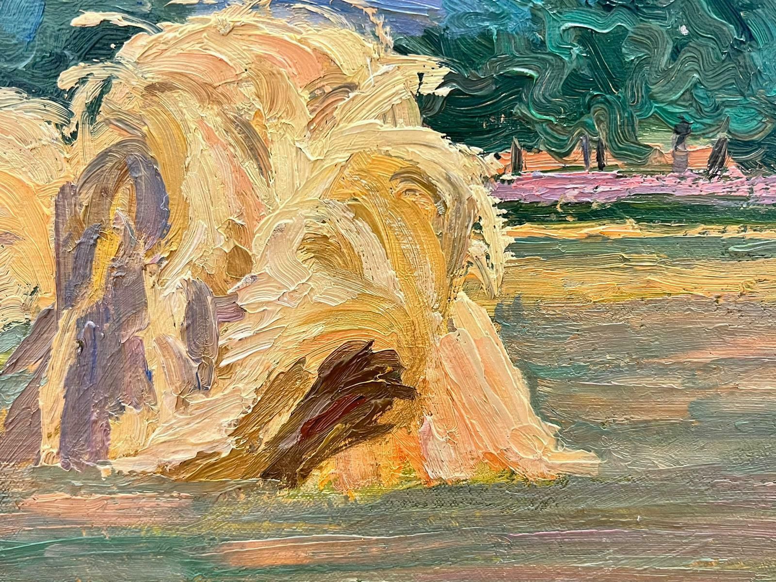 Suzanne Crochet1930's French Post Impressionist Oil Painting Harvest Fields Wheat Corn Stacksc. 1930's photo for sale
