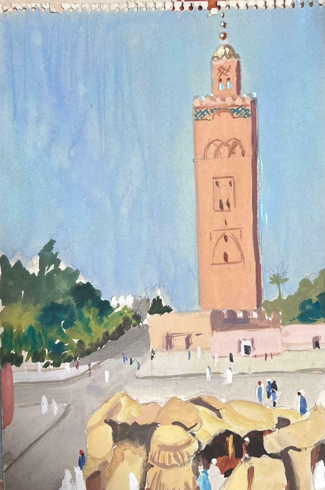 Louise Alix1930's French Impressionist Tall Orange Bell Tower In Busy Figure Town 1930's photo Art