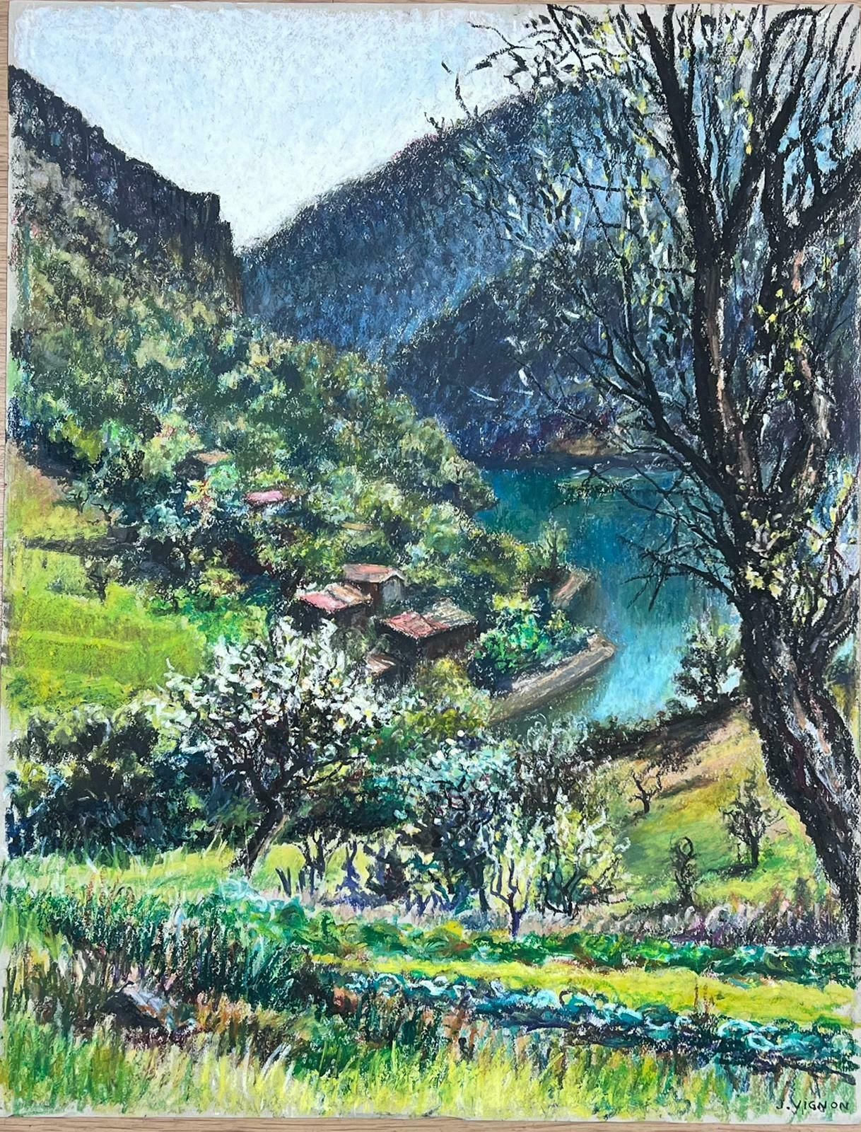 Josine Vignonlarge 1970's French Impressionist Pastel The Lake Of Castillon Provence1977 photo furniture