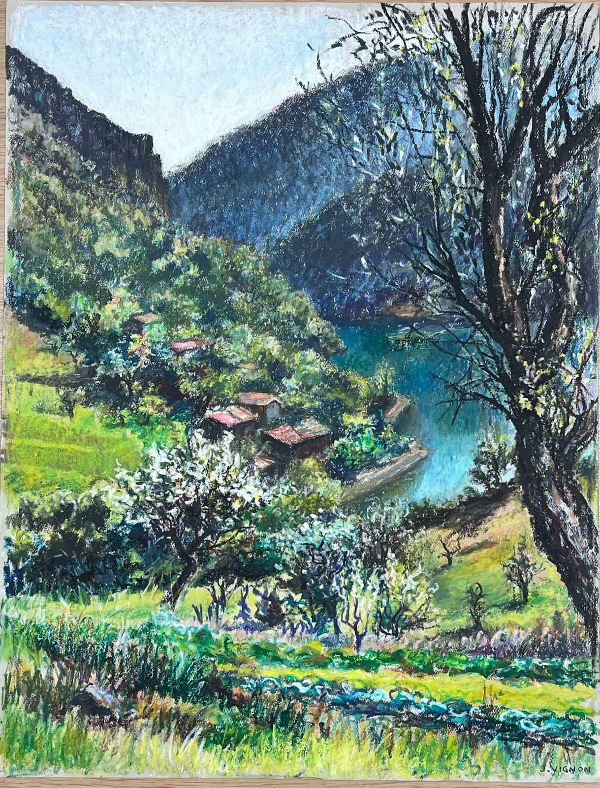 Josine Vignonlarge 1970's French Impressionist Pastel The Lake Of Castillon Provence1977 photo vintage