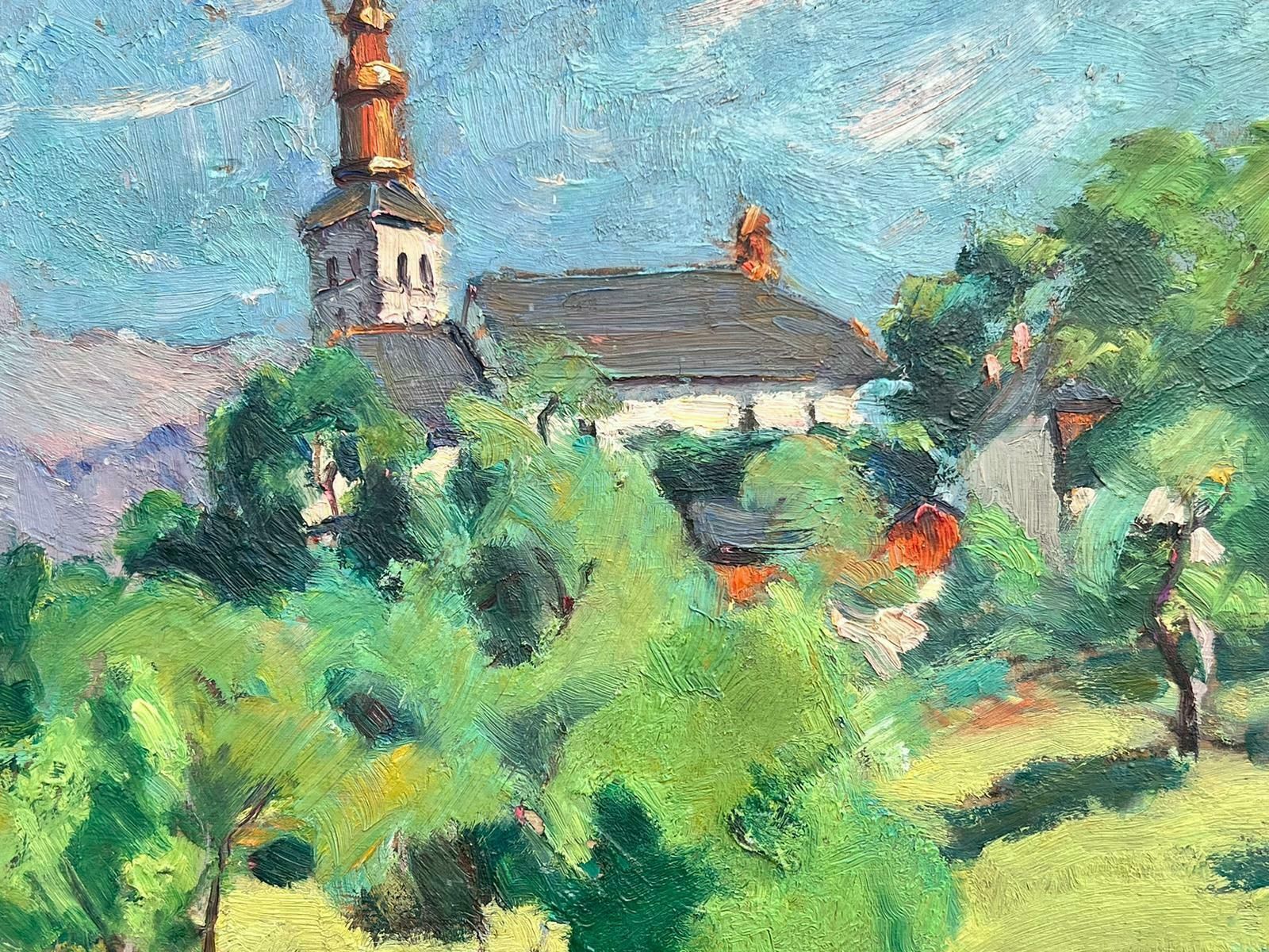 Suzanne Crochet1930's French Post Impressionist Oil Painting Bright Green Church Landscapec. 1930's photo furniture