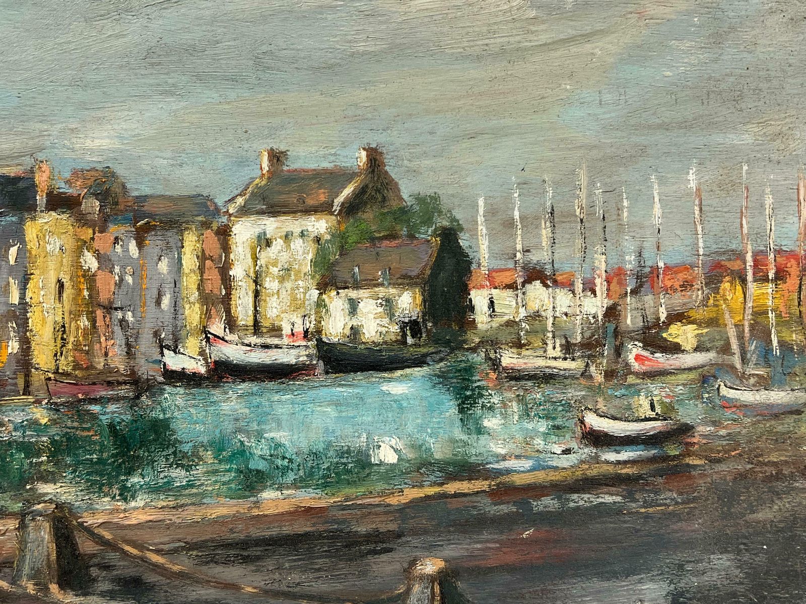 Fanch Lelquiet Charming Harbor Village At Dusk Impressionist Coastal Scene20th Century photo for sale