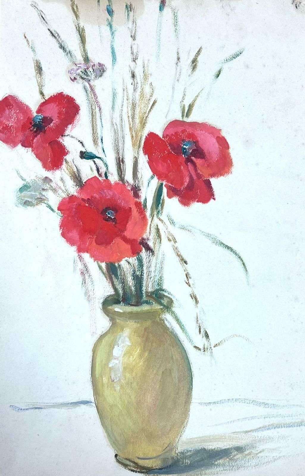 Louise Alix1930's French Impressionist Painting Three Red Poppies In Vase1930's