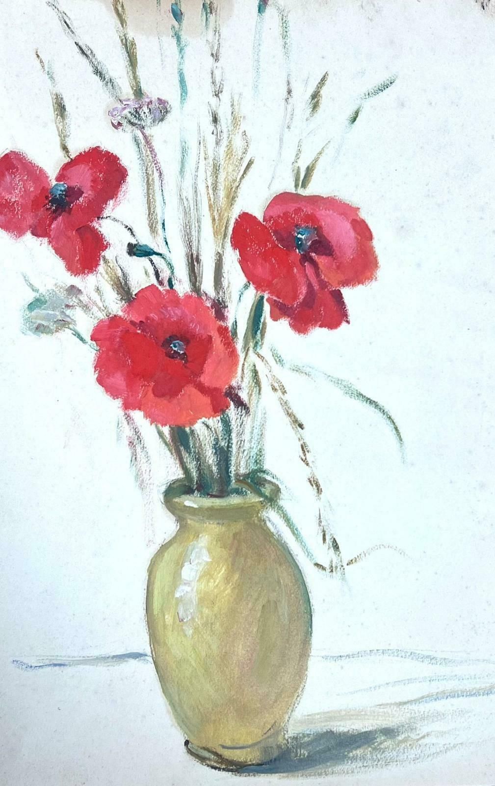 Louise Alix1930's French Impressionist Painting Three Red Poppies In Vase1930's photo for sale