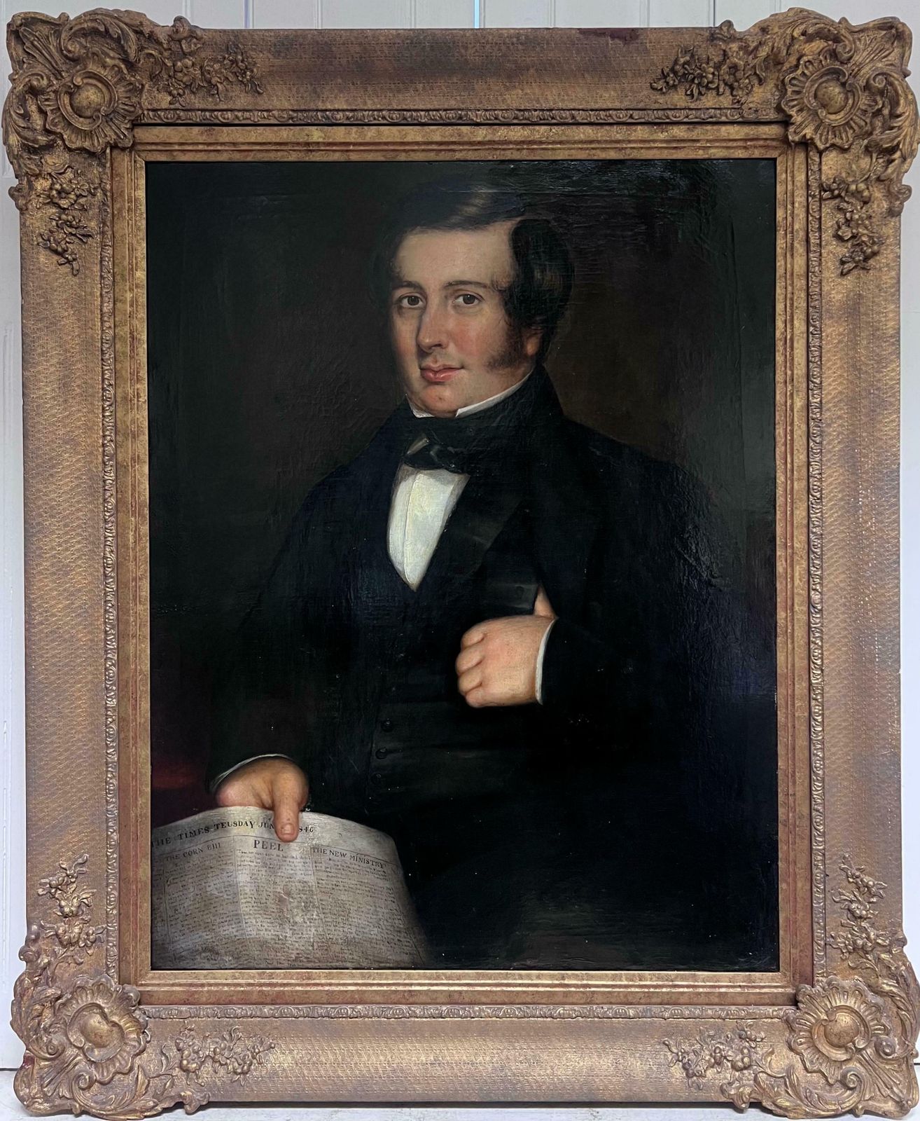 Early Victorian Englishvery Large 1840s English Portrait Of A Country Gentleman Holding Times Newspaper