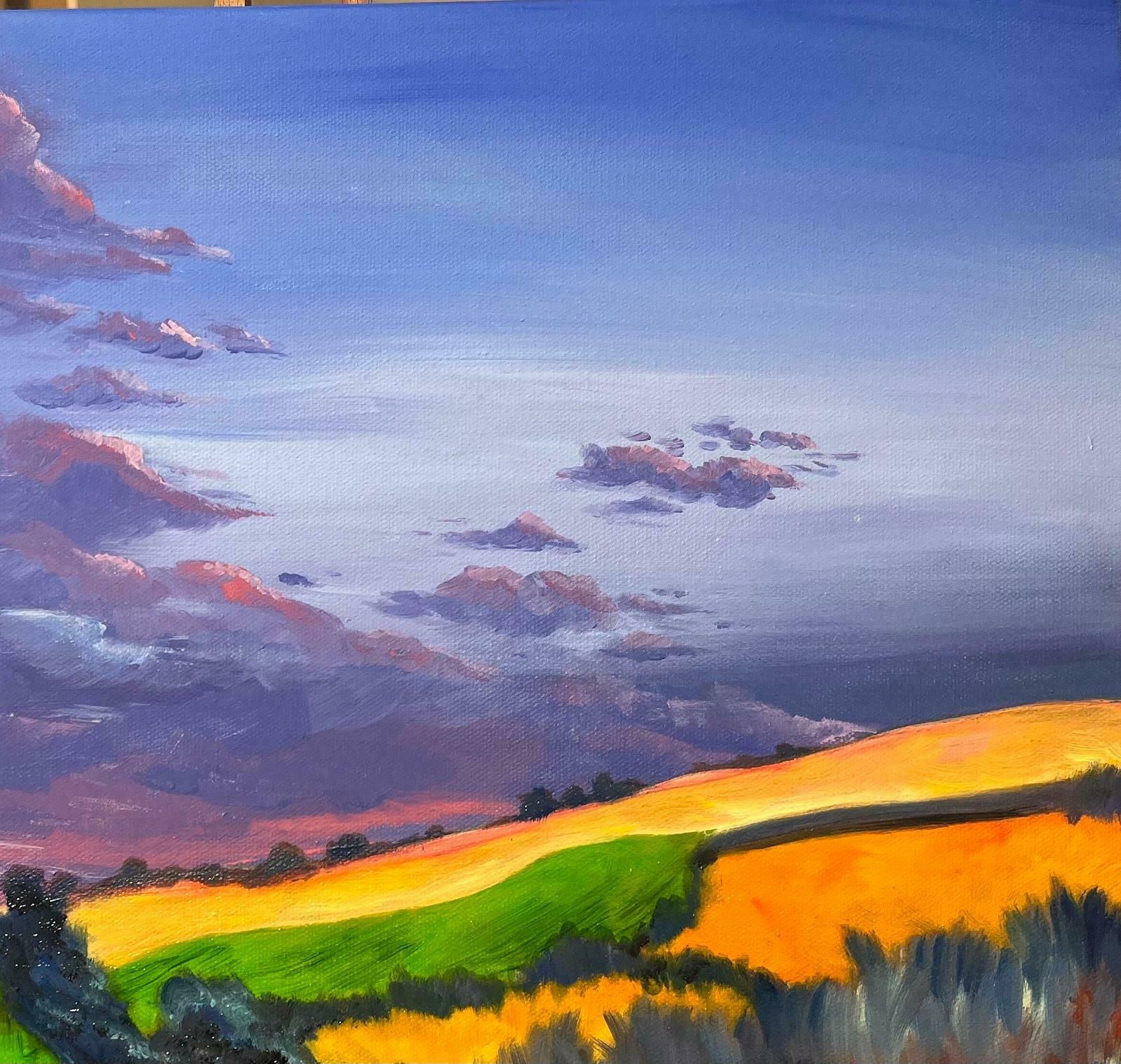 Minty Ramseyfauvist Painting Contemporary Purple Sunset Over Spanish Country Side Fields2024 photo buy