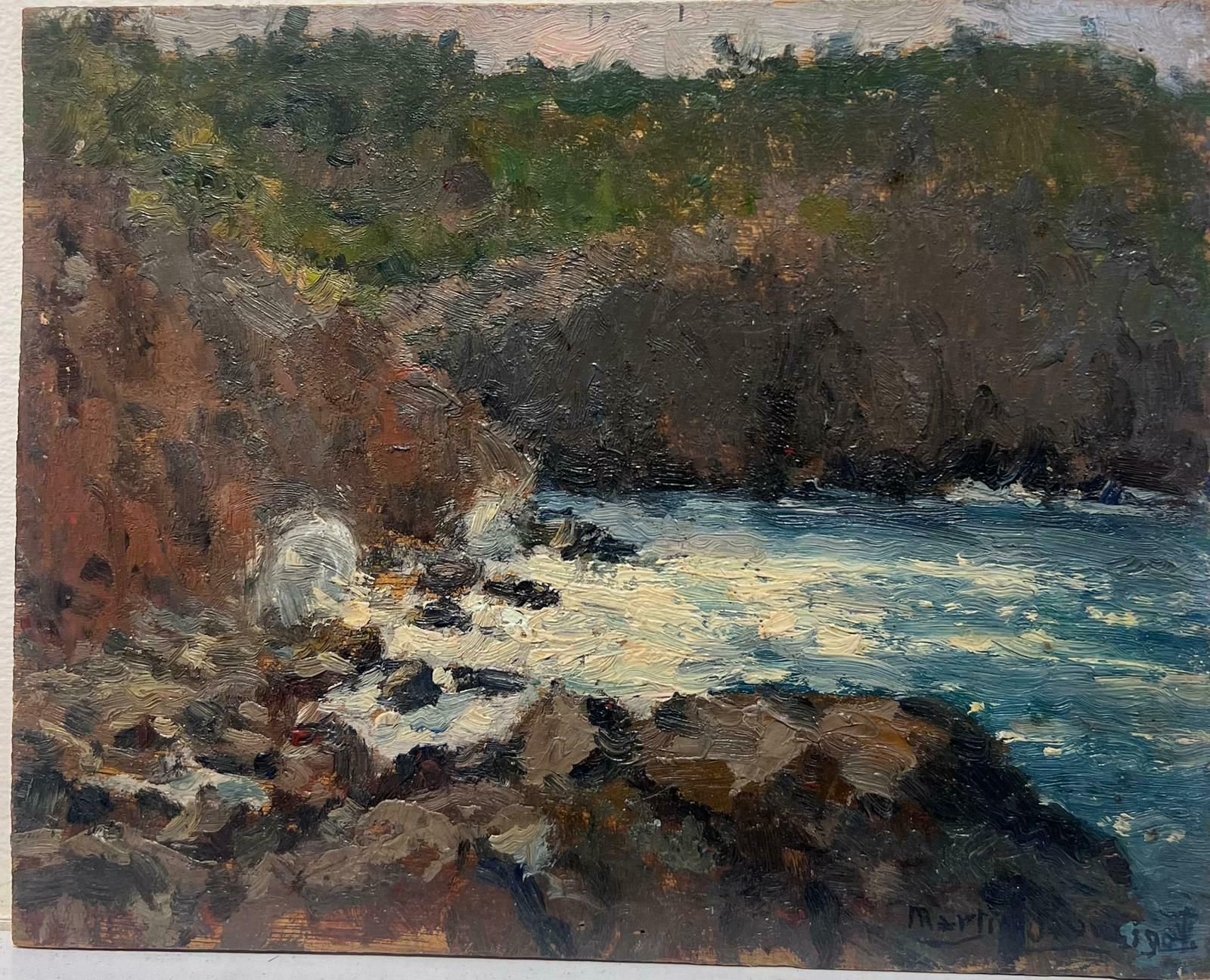 Charles Martin Sauvaigofine Antique French Impressionist Signed Oil Painting Crashing Waves Rocky Coast photo furniture