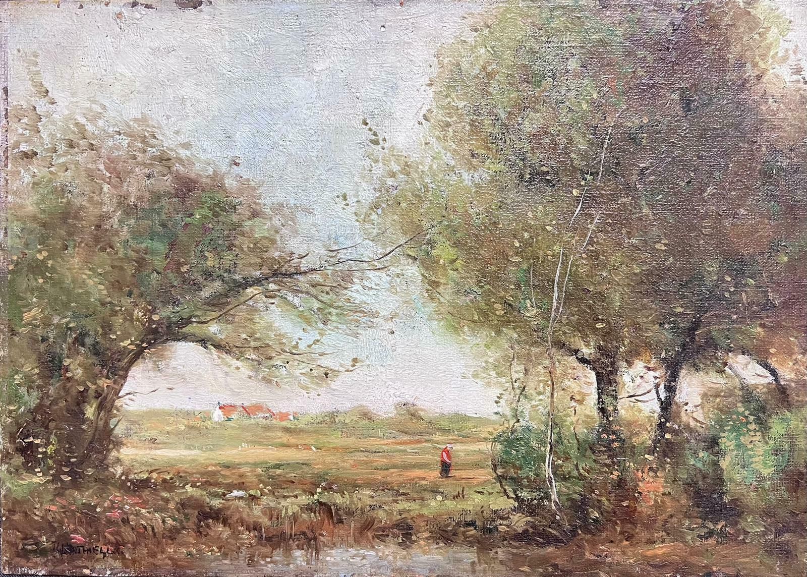English Impressionistmid 20th Century English Impressionist Signed Oil Painting Figure By Wispy Trees
