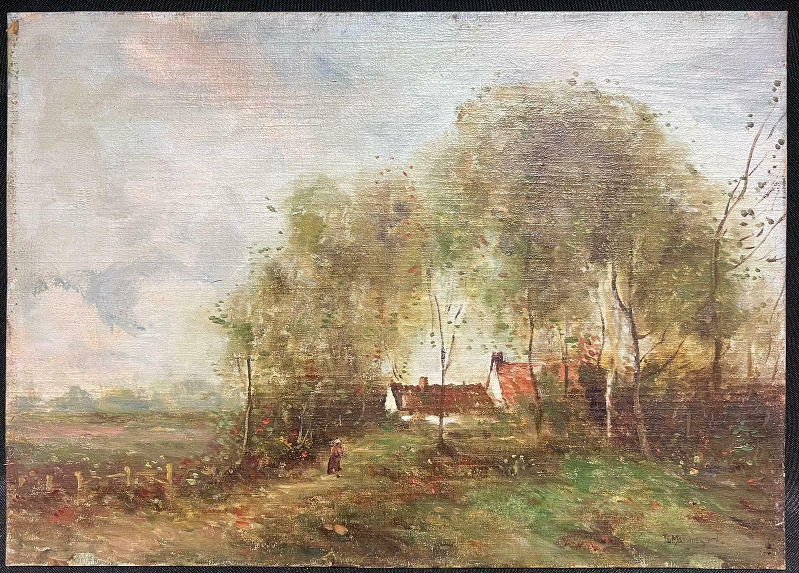 English Impressionist Signed English Impressionist Oil Painting Figure In Windswept Landscape Trees photo furniture