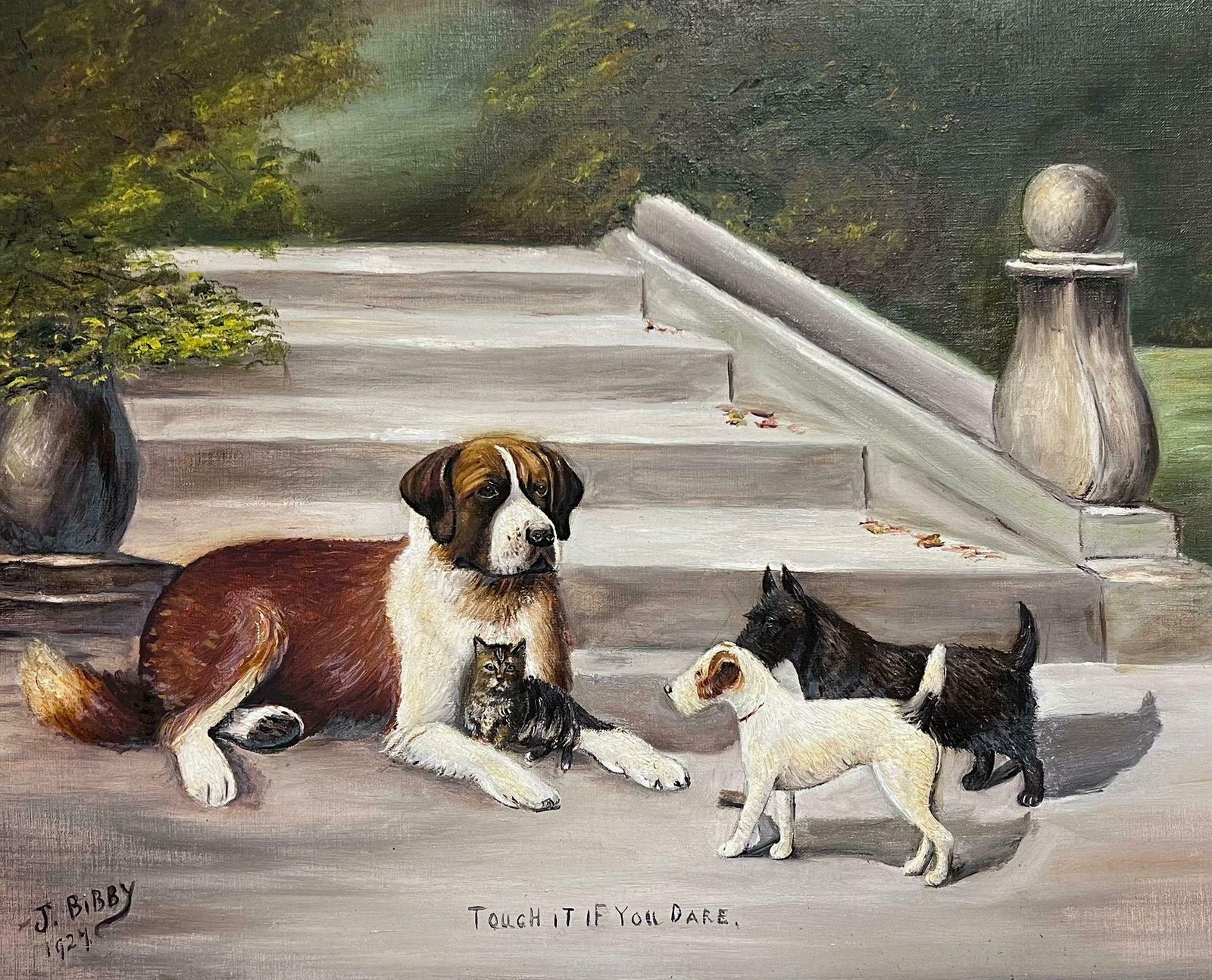 English 1920'slarge Antique English Dog Oil Painting With Kitten Signed & Dated 1927 Framed1927 photo furniture