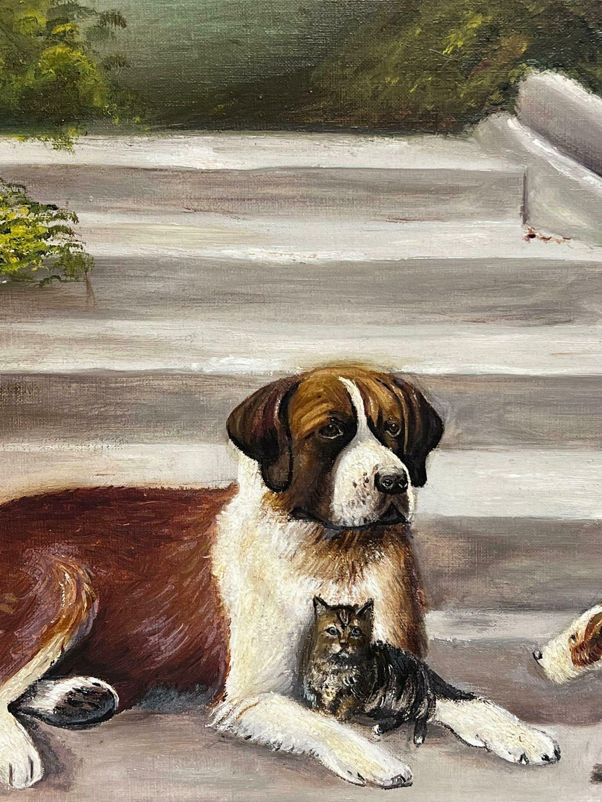 English 1920'slarge Antique English Dog Oil Painting With Kitten Signed & Dated 1927 Framed1927 photo buy