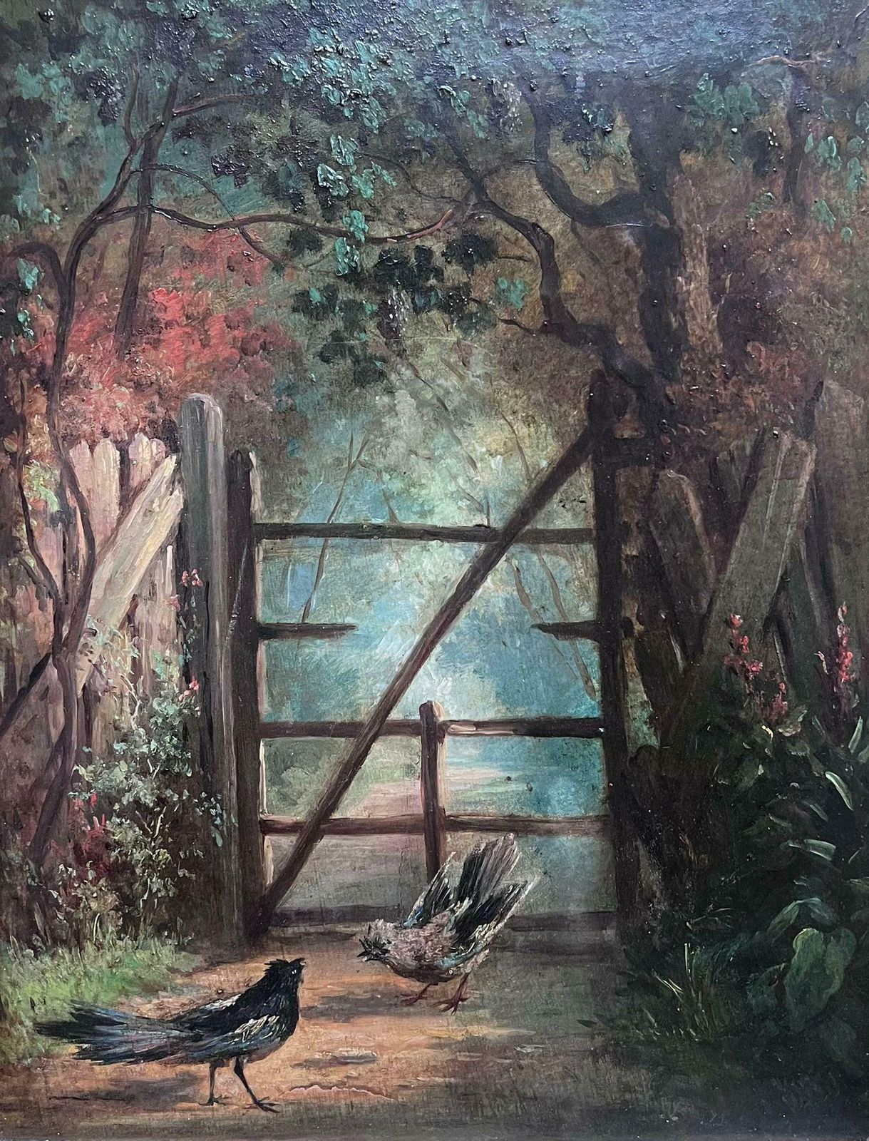 French Schoolantique 19th Century French Oil Painting Birds In Country Lane Wooded Landscape photo furniture