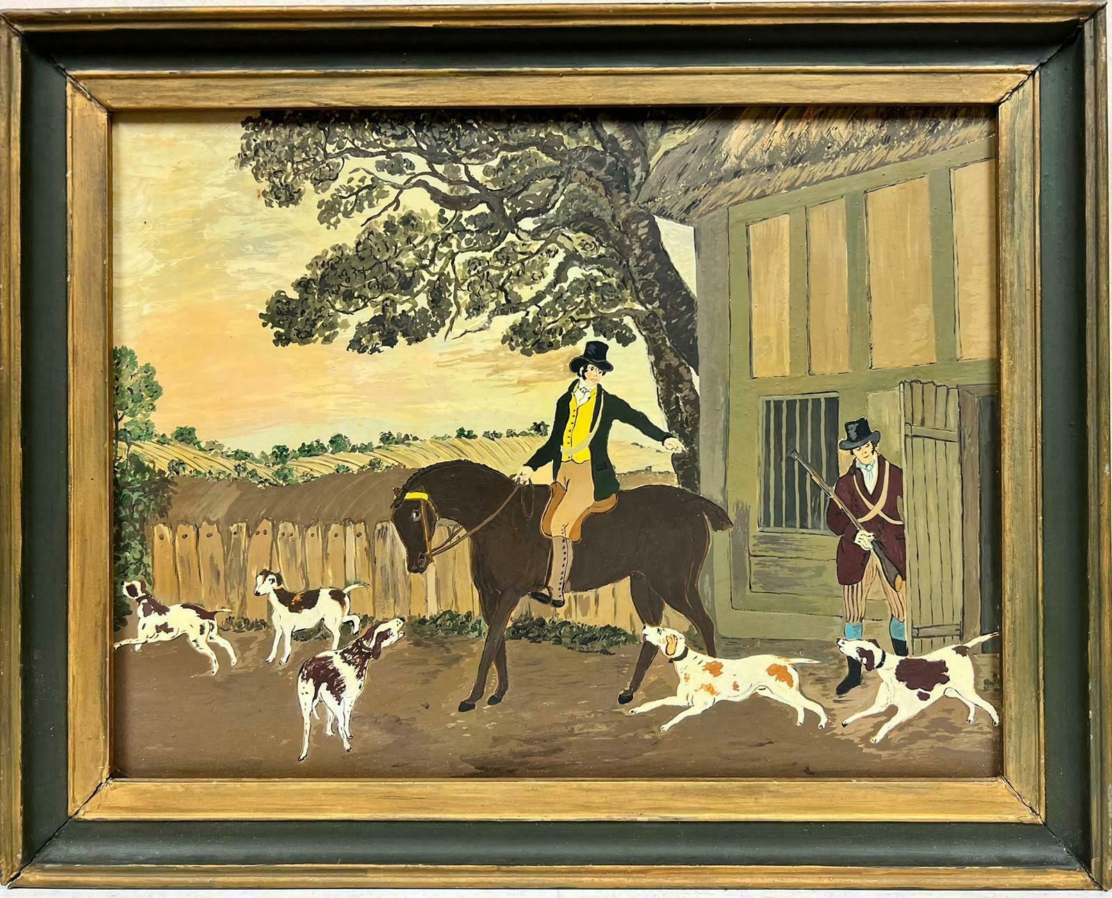 Folk Art Naive English Oil Painting Country Gentleman On Horseback With Hounds photo furniture