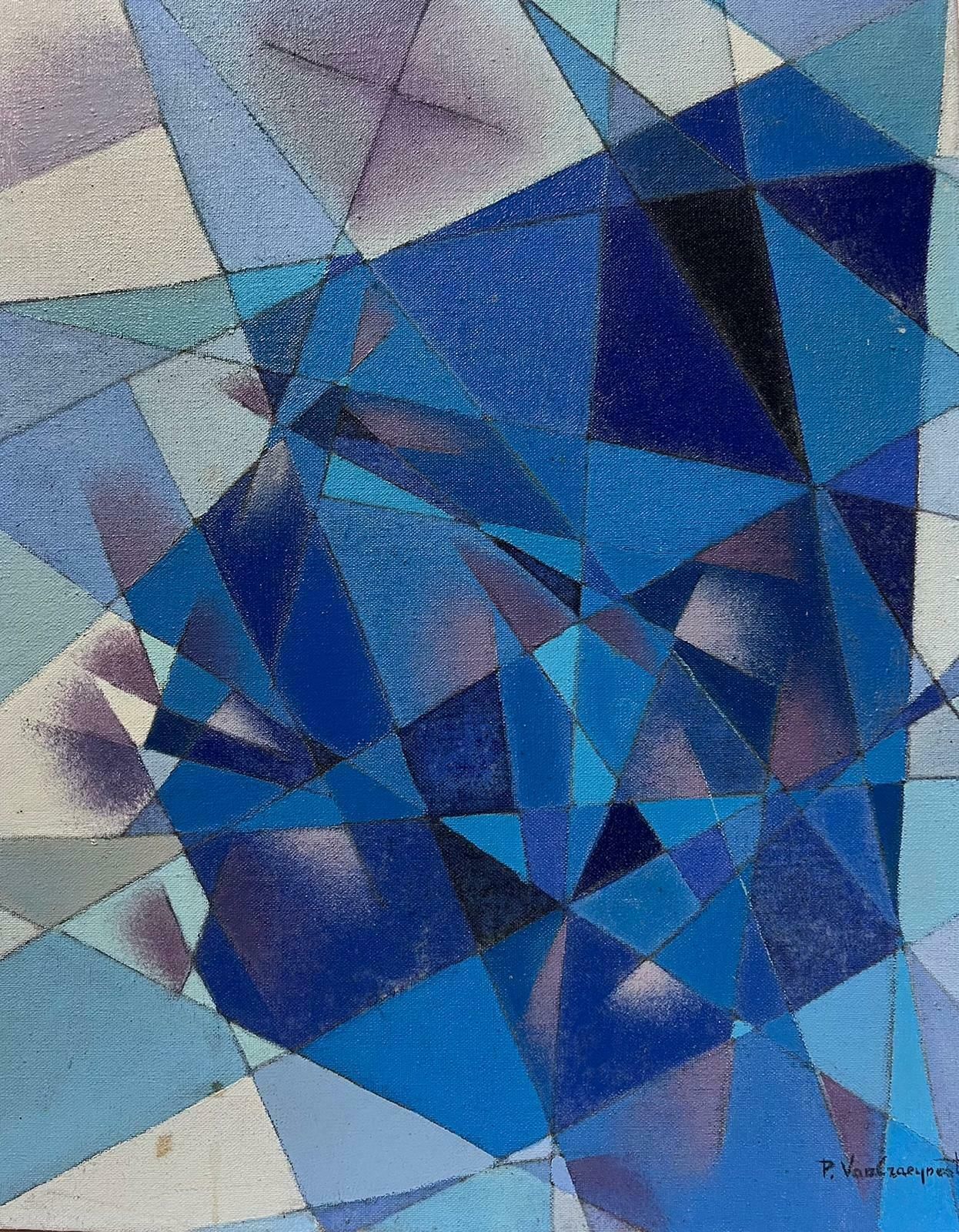 French Cubist 20th Centuryblue Grey Cubist French Signed Oil Painting C.1970's Period1970's