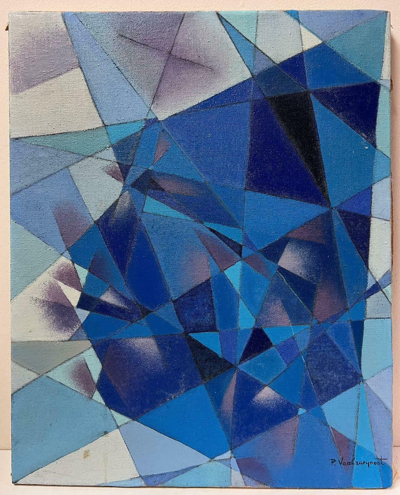 French Cubist 20th Centuryblue Grey Cubist French Signed Oil Painting C.1970's Period1970's photo furniture