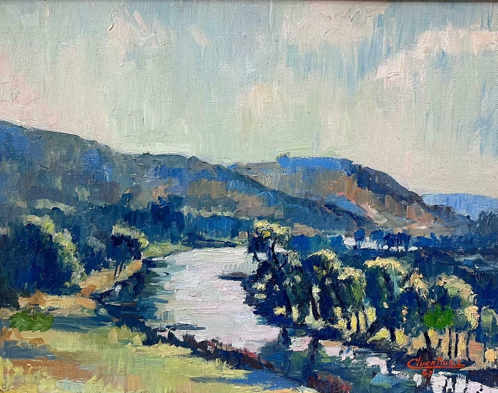 French School1940's French Impressionist Signed Oil Painting Winding River Lush Green Fields photo furniture