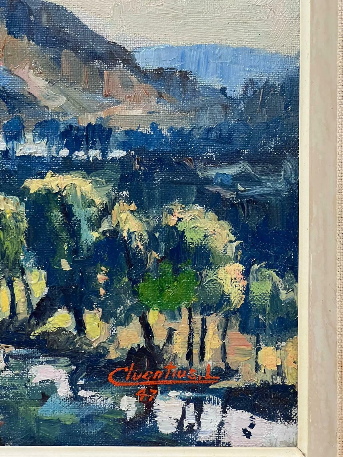 French School1940's French Impressionist Signed Oil Painting Winding River Lush Green Fields photo for sale