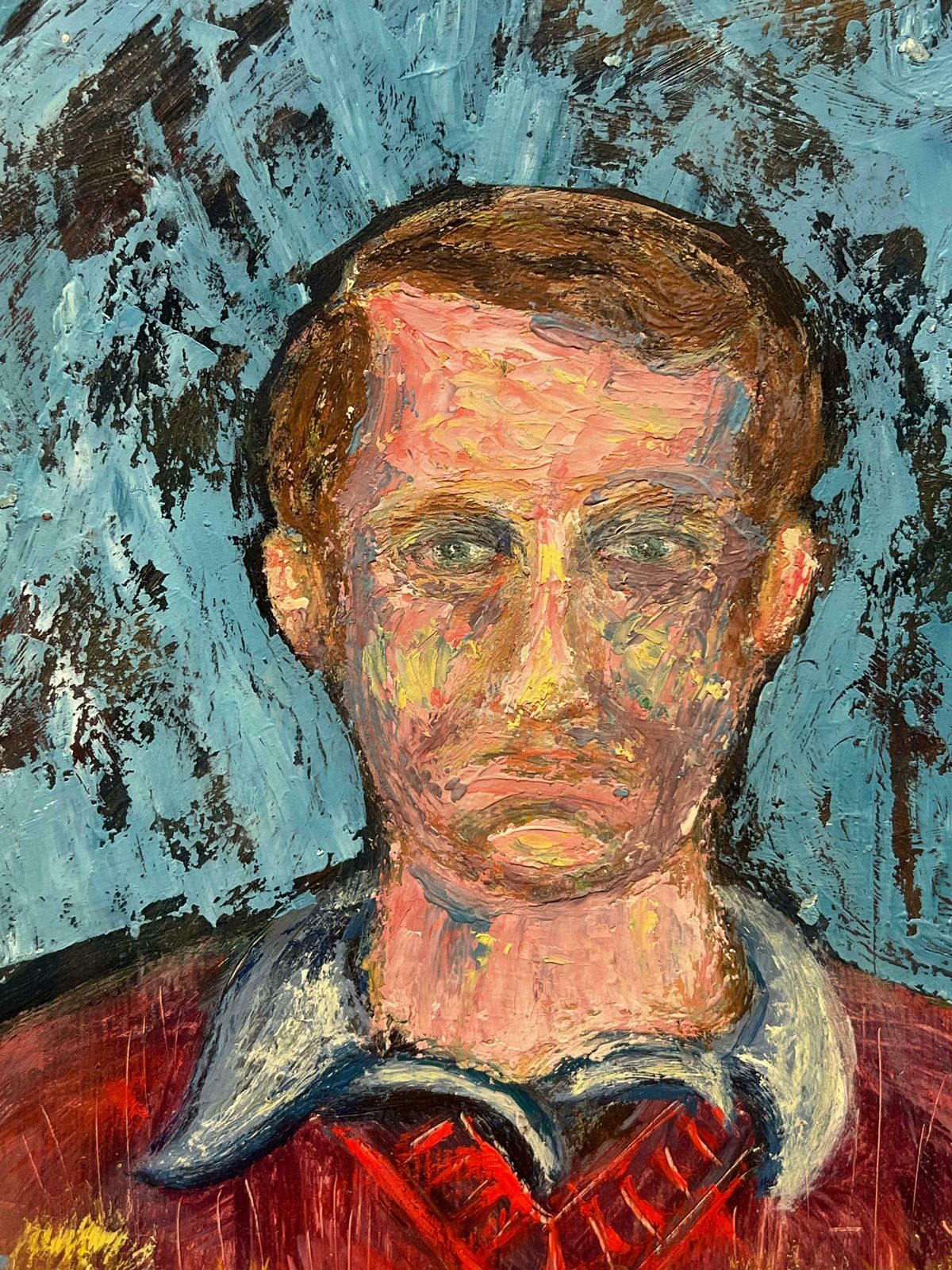Fanch Lelexpressionist Portrait Of A Man In A Red Sweater Against A Bold Blue Abstract20th Century photo 487.0