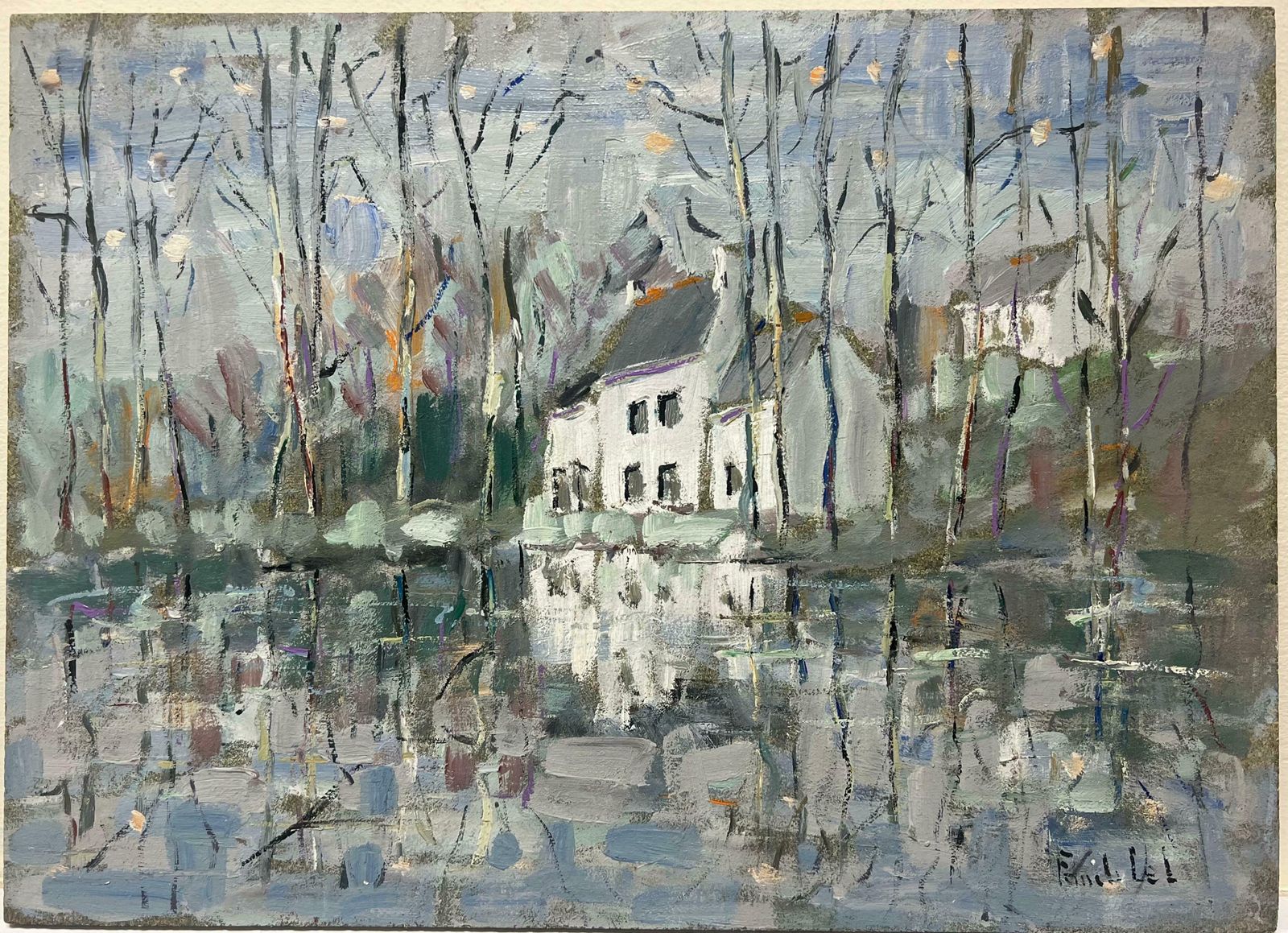 Fanch Lelwhite House In Tranquil Waterside Among Bare Tree Reflections Aberne France20th Century photo furniture