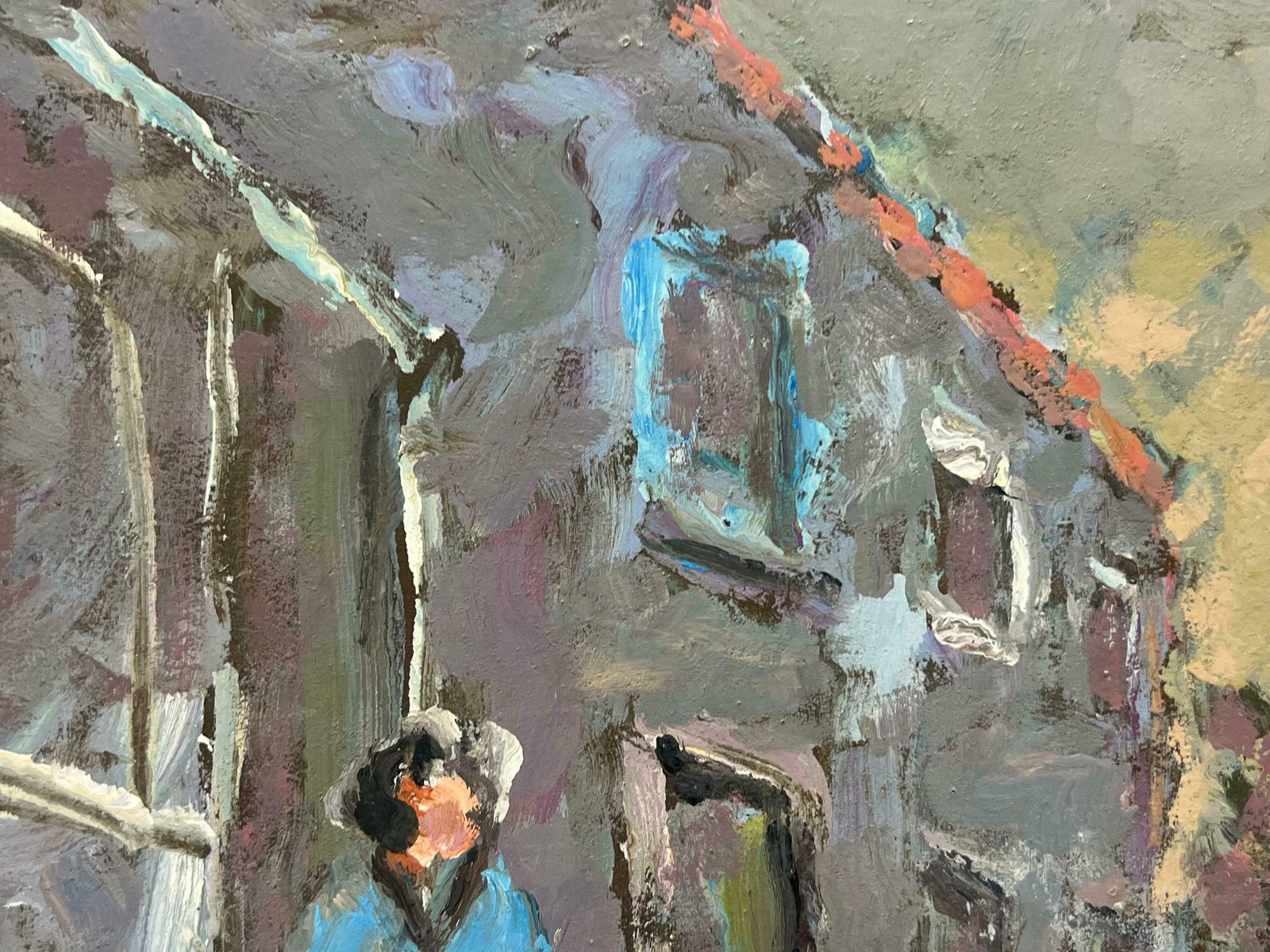 Fanch Lelfigures Strolling In European Street Scene Distant Church Steeple Oil 20th Century photo Art