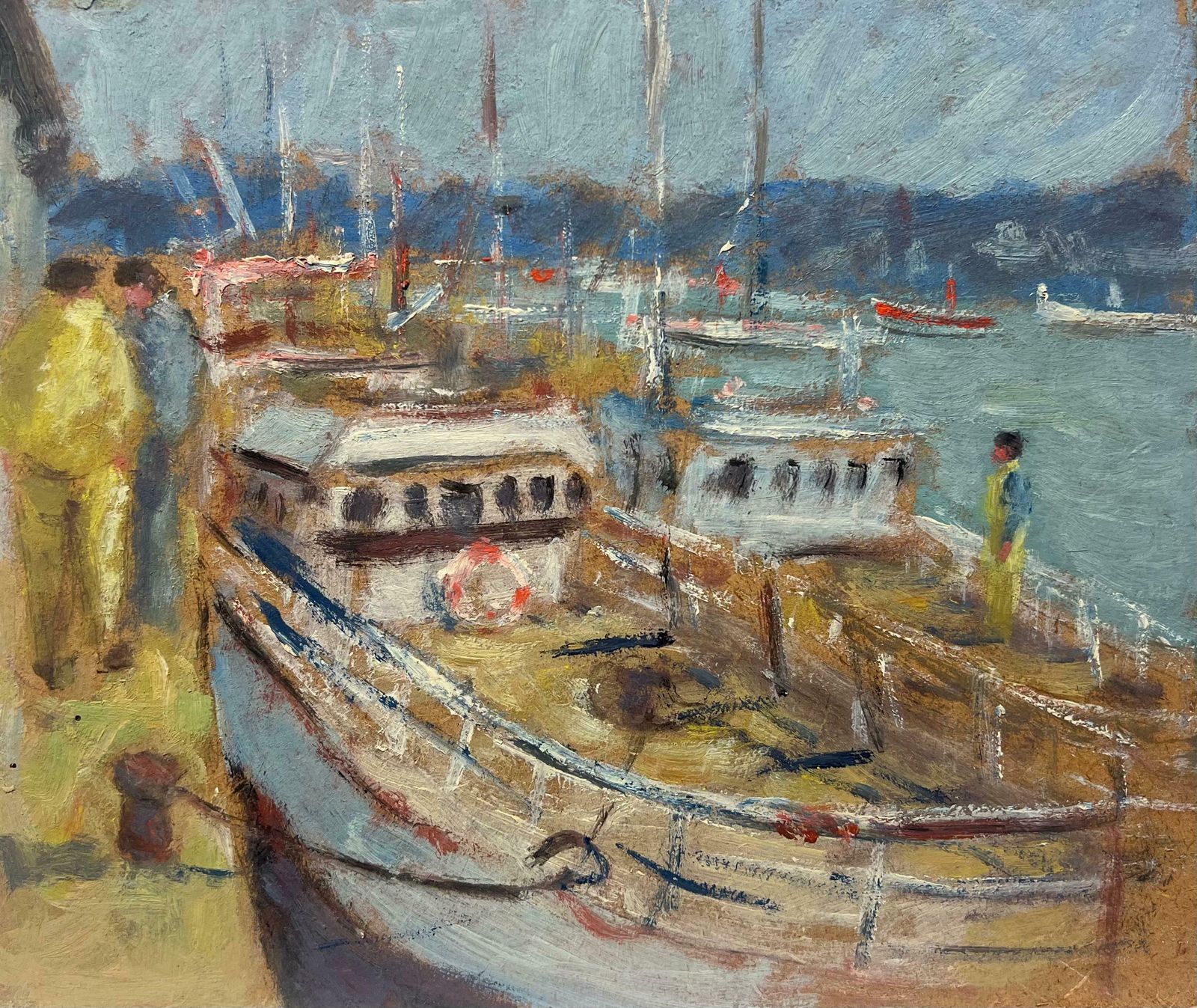Fanch Lelbustling Dockside Scene With Sailboats And Dockworkers French Oil Painting20th Century
