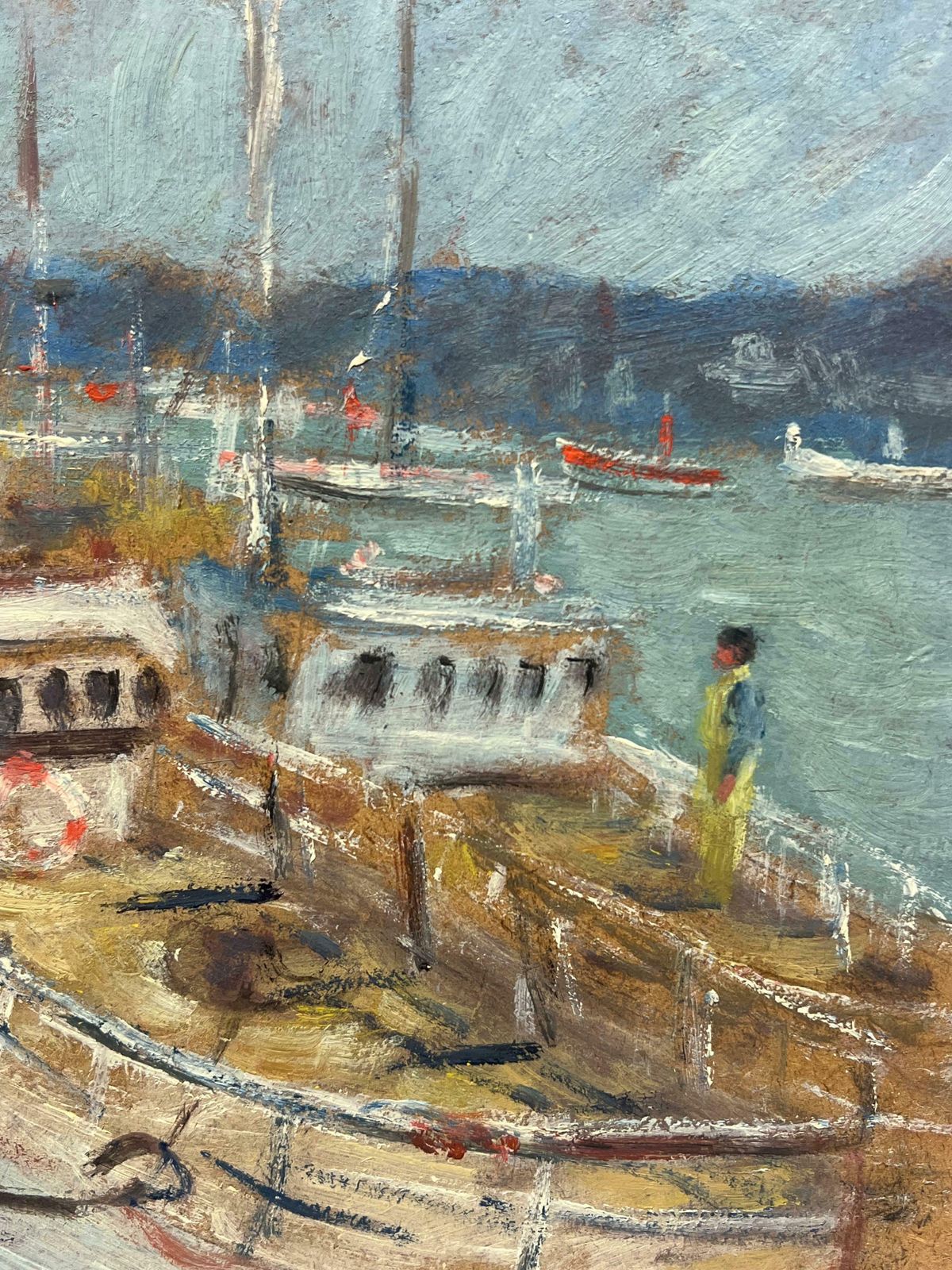 Fanch Lelbustling Dockside Scene With Sailboats And Dockworkers French Oil Painting20th Century photo for sale