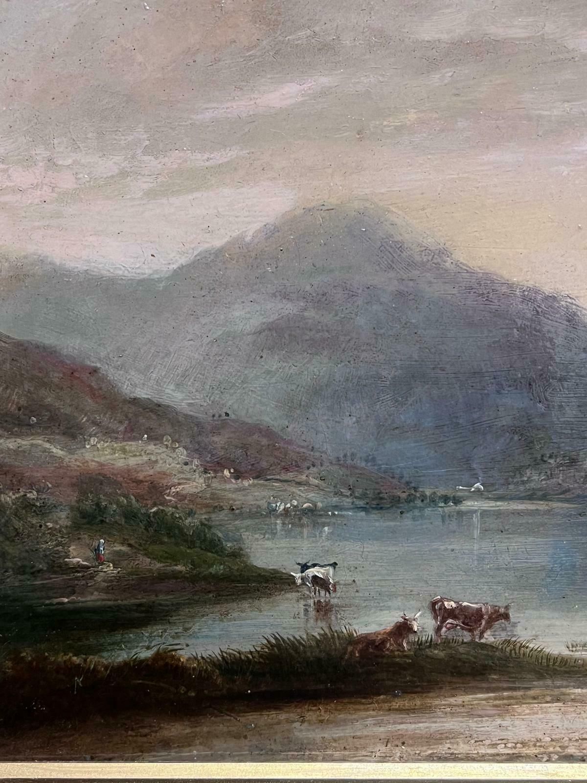 British 1860'sscottish Highlands Loch Scene Cattle Watering Dusk Atmospheric Light 19th C. Oil photo 1026.0