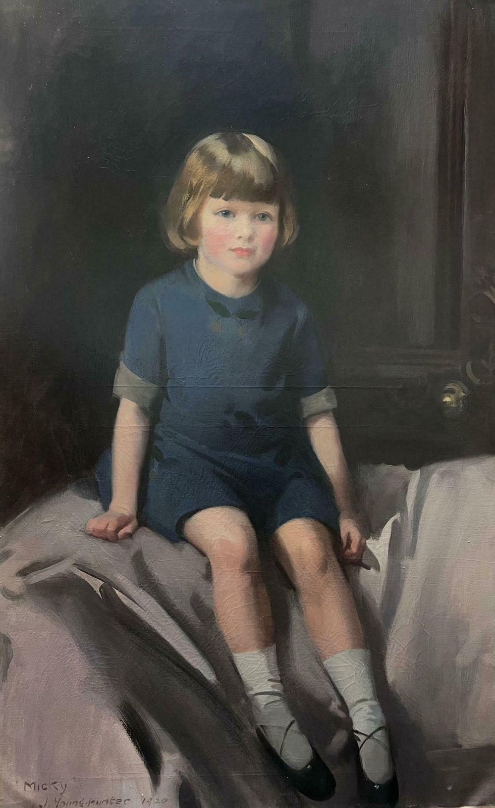 John Young Hunterhuge 1920's British Portrait Of Young Girl In Interior Signed & Dated Oil Paint1920 photo furniture
