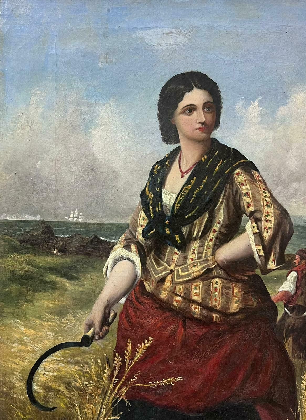 English 19th Centurywoman In Harvest Fields Next To Coastal Seascape Victorian Oil Painting Canvas photo furniture