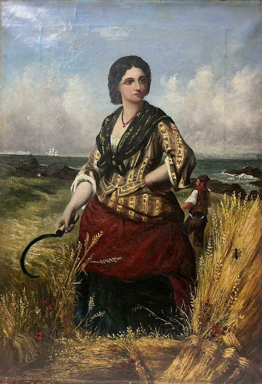 English 19th Centurywoman In Harvest Fields Next To Coastal Seascape Victorian Oil Painting Canvas photo vinterior