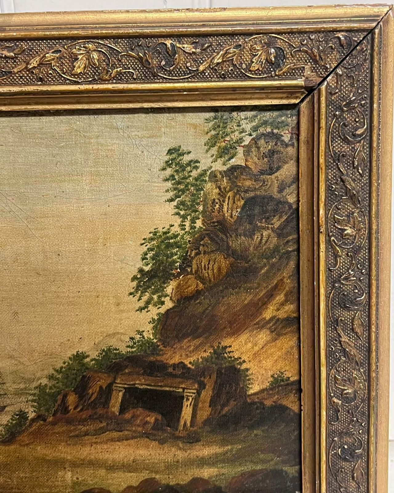 Italian 1800'searly 1800's Italian Classical Landscape With Ancient Ruins & Sea Port Painting photo 1231.0