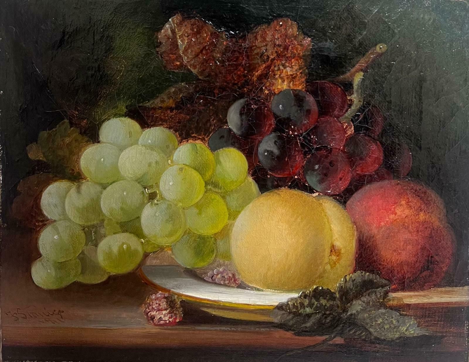 Frederick J Staniervictorian Still Life Oil Painting Of Fruit Peaches Grapes On Platter