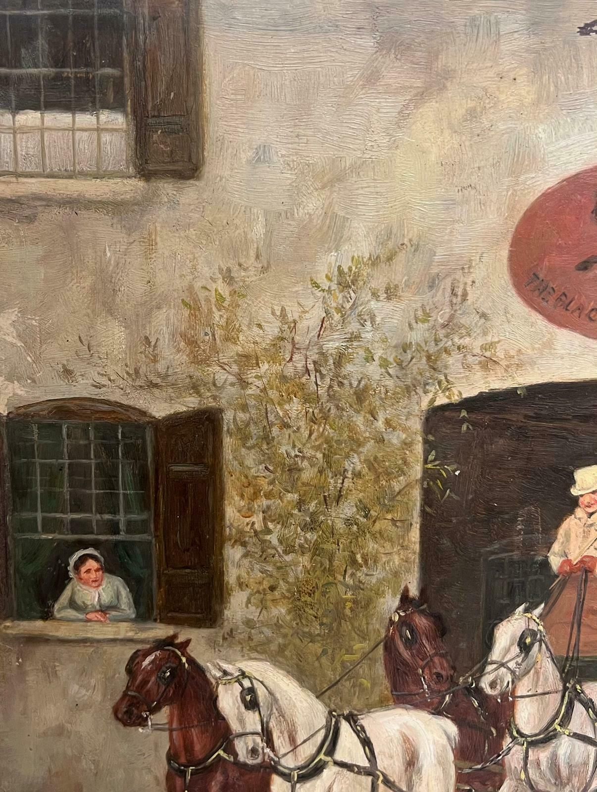 Victorian English Oil 19th Century English Coaching Scene Oil Painting Horse Carriages Outside Tavern photo for sale